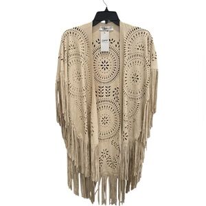 NWT. CHOIES, faux suede, cut-out fringed shaw. Light tan color.